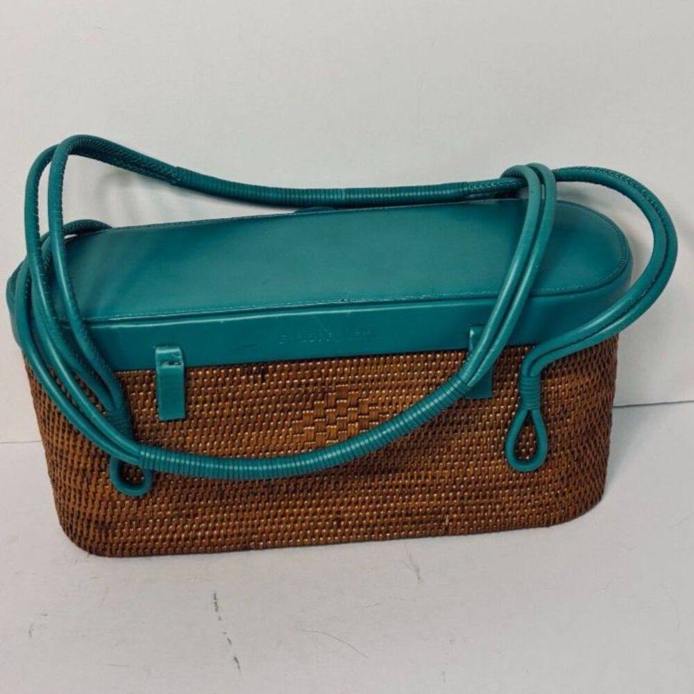 Elliot Lucca Woven Rattan Teal Leather Shoulder Bag Crossbody Handbag